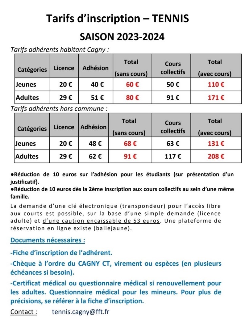 Tarifs tennis